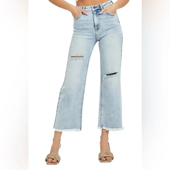 RISEN JEANS -HIGH RISE FRAYED ANKLE WIDE JEANS - RDP5511 - Picture 1 of 5